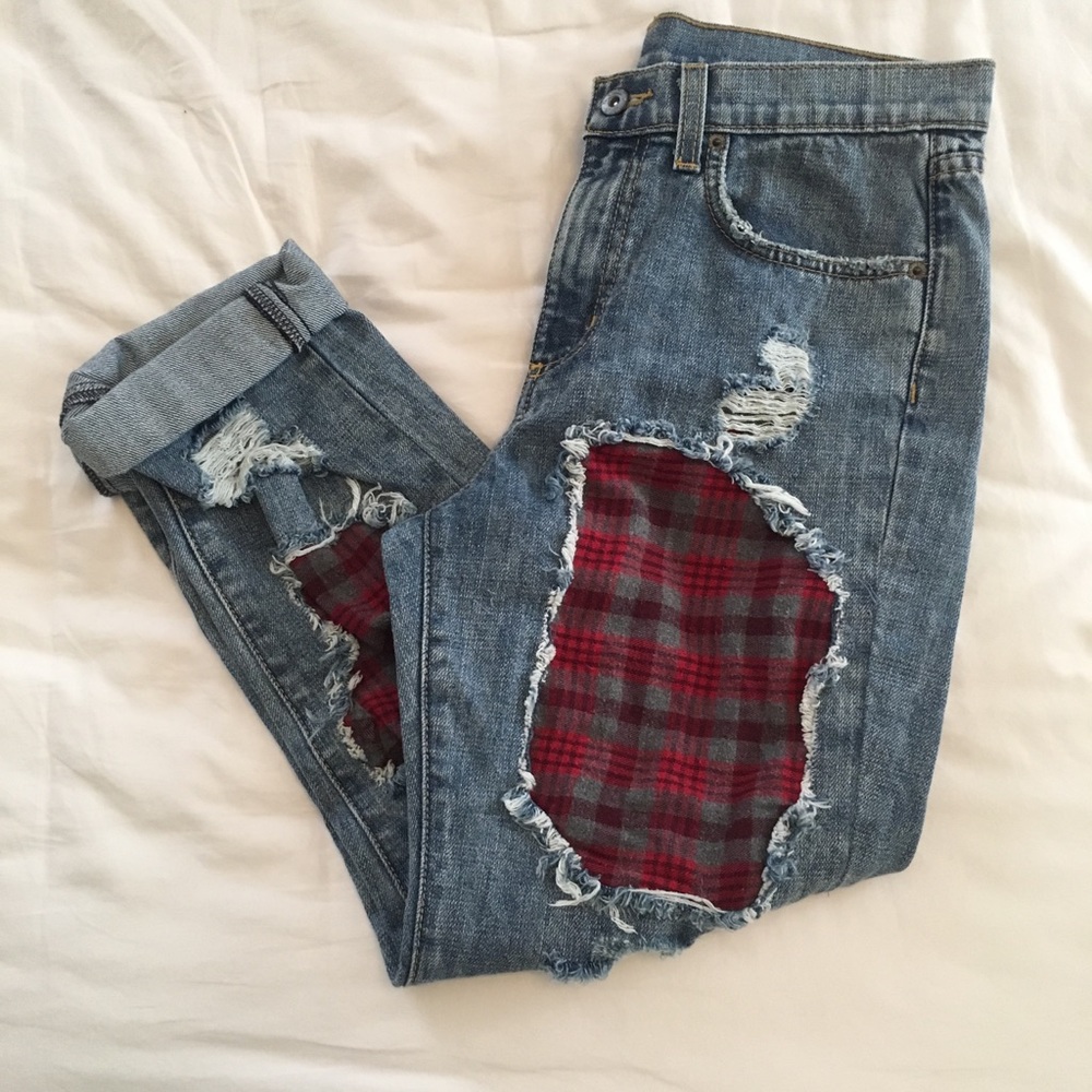 LF plaid patchwork boyfriend jeans